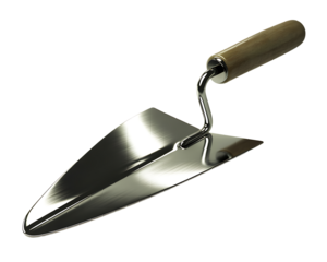 A shiny metal trowel with a wooden handle, isolated on transparent background
