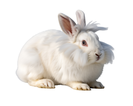 A fluffy white rabbit with a tuft of fur on its head, isolated on transparent background