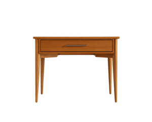 A simple wooden side table with a single drawer and slender legs, isolated on transparent background