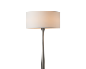 Modern floor lamp with a white drum shade and a sleek metal stem, isolated on transparent background