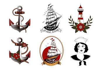 Set of vintage nautical tattoo style illustrations with anchors sailing ships lighthouse flowers and female sailor in traditional design