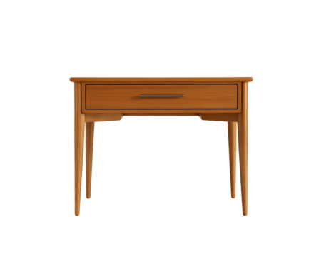 A simple wooden side table with a single drawer and slender legs, isolated on transparent background - Powered by Adobe