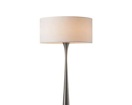 Modern floor lamp with a white drum shade and a sleek metal stem, isolated on transparent background