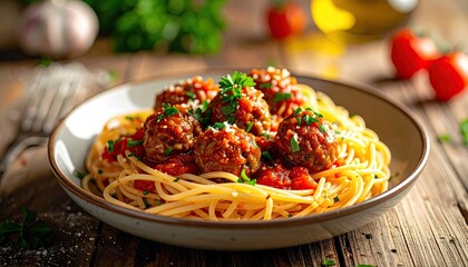 Delicious Spaghetti and Meatballs Served in a Bowl with Tomato Sauce and Parsley Garnish on a Wooden Table