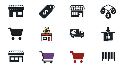 Collection of vector thin line icons representing finance, core values, business processes, commerce, learning, and shopping, with editable strokes, suitable for digital and print media, conveying