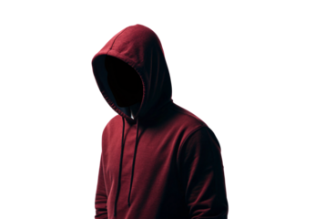 Anonymous figure in burgundy hoodie photographed from side angle profile, isolated on a transparent background