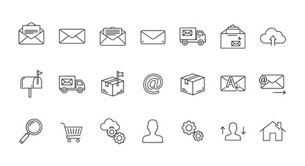A clean and modern vector illustration showcasing a comprehensive set of line icons related to mail, delivery, and communication services, presented on a crisp white background for versatile use in