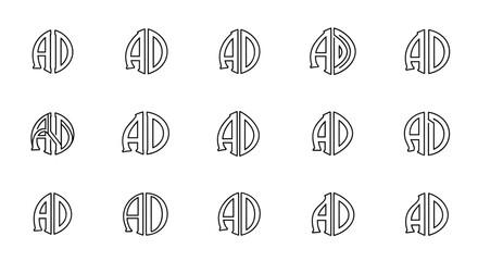 Set of 15 AD Monogram Logos, Serif Lettermark Design, Circular Outline Icons, Vector Cartoon Illustration on White Background, Clean and Modern Graphic Elements for Branding and Identity Projects