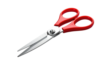 Scissors on black silver blades with red handles. Slightly opened, viewed from above, with soft lighting effects