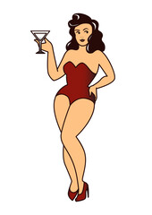 Retro pinup woman in red outfit holding cocktail glass with confident pose and vintage hairstyle isolated on white background