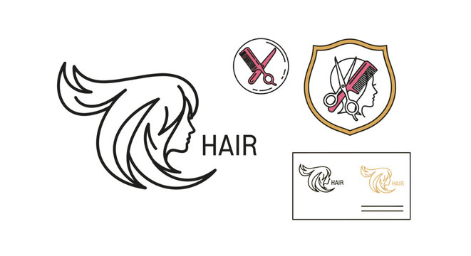 Collection of stylized hair salon logos and badges, featuring elegant female profiles, scissors, combs, and the word "HAIR", presented in a clean vector cartoon illustration style on a white