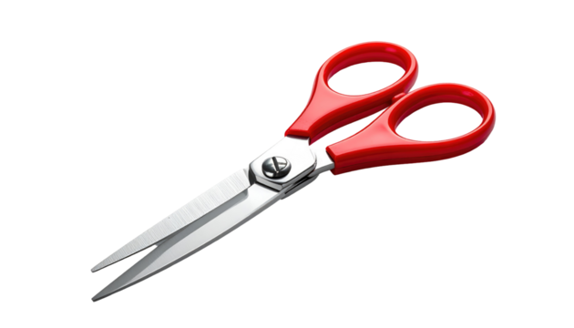 Scissors on black silver blades with red handles. Slightly opened, viewed from above, with soft lighting effects