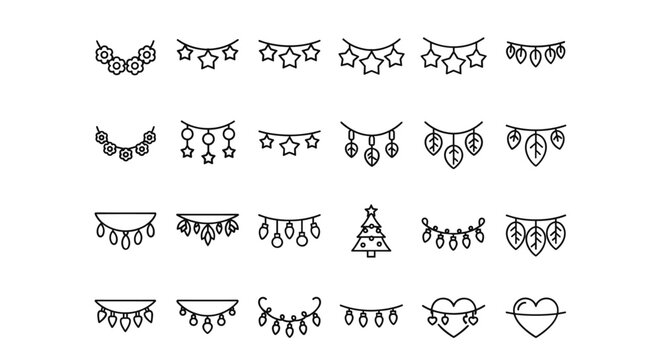 Collection of thin line icons representing various garlands, including floral, star, leaf, droplet, Christmas tree, light bulb, and heart designs, perfect for web, books, cards, and apps, presented