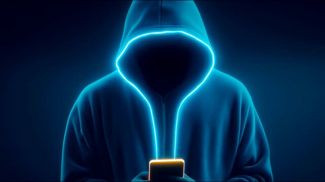 Hooded cyber hacker figure glowing cyan while using smartphone in darkness.