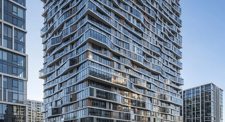 Modern Residential Skyscraper with Unique Architectural Design and Glass Facade Against Blue Sky.
