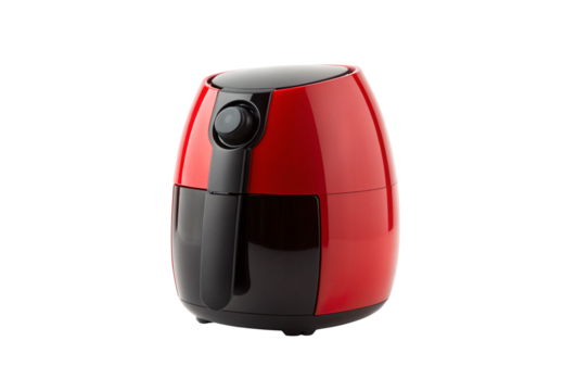 Bright red compact air fryer appliance with black control dial, isolated on a transparent background
