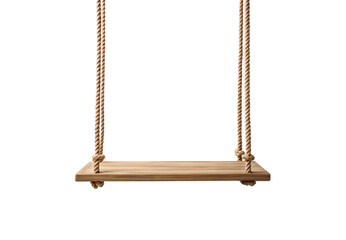 Wooden plank swing suspended by twisted rope with knots at corners, isolated on a transparent background