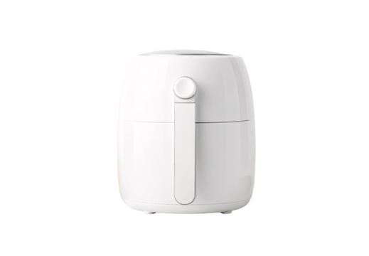 White air fryer with rounded handle and control dial on front, isolated on a transparent background