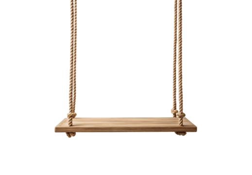Wooden plank swing suspended by twisted rope with knots at corners, isolated on a transparent background