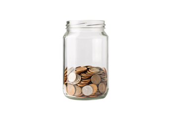 Glass mason jar partially filled with assorted coins in silver and copper, isolated on a transparent background