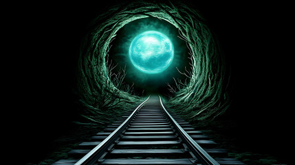 Modern tunnel ender a like glowing arches and a blue globe at its heart