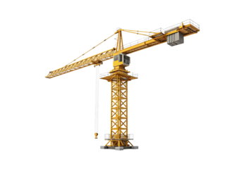 Tower crane construction equipment tall structure lifting mechanism yellow industrial building machinery vertical reach, isolated on a transparent background
