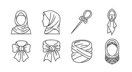 Set of elegant line art icons representing Muslim hijab fashion and accessories, including front and side views of hijabs, decorative pins, bow ties, and intricately designed headscarves, perfect for