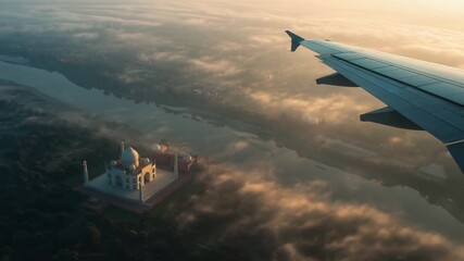 Aerial time-lapse view from airplane window flying over Agra, with the Taj Mahal shining in morning sunlight, river reflections, and clouds moving below. Ideal for travel, tourism, or aviation footage - Powered by Adobe