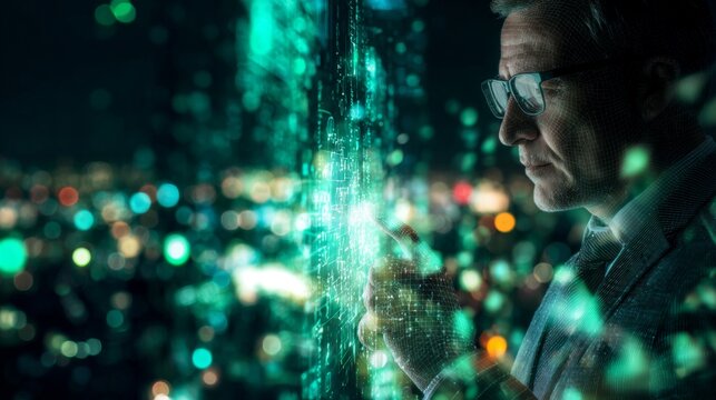 Visualizing the invisible: mastering data flow with modern technology. Tech visualization. Exploring a subtle green-hued data landscape with ai and emerging technology. Glowing dashboards.