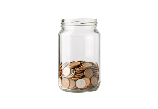 Glass mason jar partially filled with assorted coins in silver and copper, isolated on a transparent background - Powered by Adobe