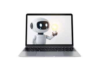Robot laptop computer screen artificial intelligence technology cute white assistant innovation digital learning device, isolated on a transparent background