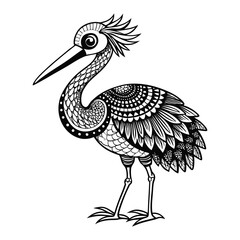 Intricate Black-and-White Heron Illustration with Ornamental Patterns