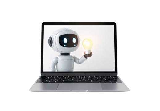 Robot laptop computer screen artificial intelligence technology cute white assistant innovation digital learning device, isolated on a transparent background