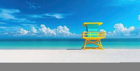 Bright yellow lifeguard tower on a pristine white sandy beach under a vibrant blue sky with scattered fluffy clouds and calm turquoise ocean waters