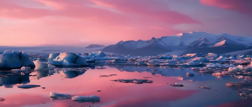 Time-lapse of a polar lagoon with icebergs drifting and colliding under a glowing pink sky. Massive ice blocks rotate as waves ripple gently between them. Perfect for environmental use.