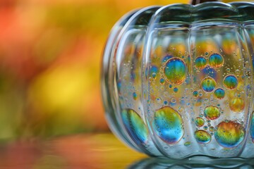 Close up of a colorful glass pumpkin with autumn leaves in the background