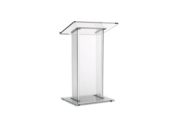 Modern clear acrylic podium, angled view showing transparent construction and metallic supports, isolated on a transparent background