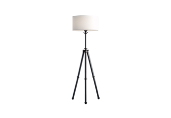 Elegant tripod floor lamp with white cylindrical drum shade, sleek black adjustable legs, modern minimalist, isolated on a transparent background