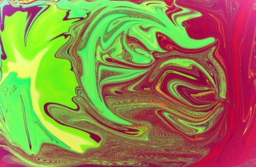 A vibrant swirl of neon green, yellow, and deep magenta. This abstract digital artwork blends fluid shapes and luminous contrasts to evoke motion and energy. Perfect for fans of contemporary art and v