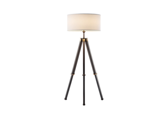 Wooden tripod floor lamp with cream fabric drum shade, brass accents, warm vintage aesthetic appeal, isolated on a transparent background