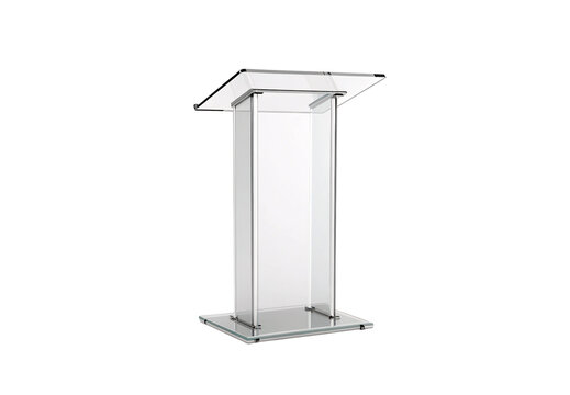 Modern clear acrylic podium, angled view showing transparent construction and metallic supports, isolated on a transparent background