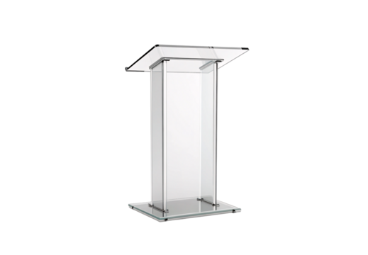 Modern clear acrylic podium, angled view showing transparent construction and metallic supports, isolated on a transparent background