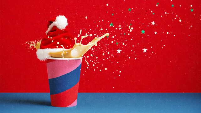 Colorful festive cup adorned with a Santa hat, splashing liquid and sparkling stars, captured in a dynamic sequence showcasing the joyful essence of holiday celebrations, camera zooms in on action
