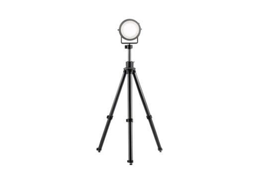 Professional photography light on tripod, adjustable height with circular LED fixture, isolated on a transparent background