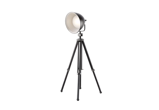 Tripod floor lamp with large circular black and white spotlight head, adjustable industrial design, isolated on a transparent background - Powered by Adobe