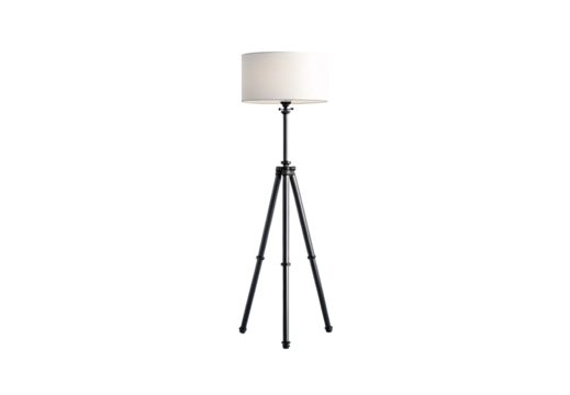 Elegant tripod floor lamp with white cylindrical drum shade, sleek black adjustable legs, modern minimalist, isolated on a transparent background