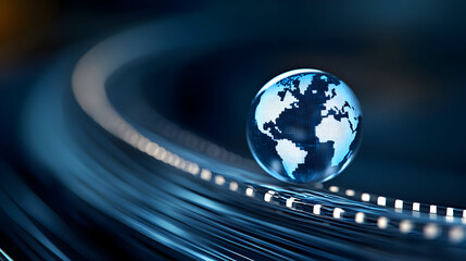 Modern tunnel ender a like glowing arches and a blue globe at its heart