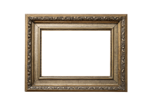 Ornate rectangular picture frame with detailed gold and silver carved floral molding, classical European style, isolated on a transparent background