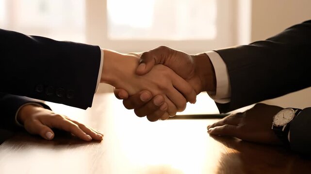 Handshake between executive and partner. Business agreement and contract sealed in office. Partnership discussed during meeting. Corporate negotiation implied by firm professional gesture. Shows care.