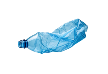 Crushed blue plastic bottle with twisted shape and threaded neck opening, isolated on a transparent background